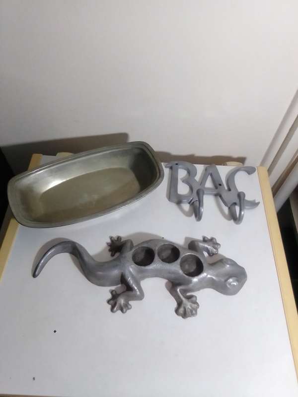 Vintage Aluminium Salamander Weight 4Kg's, ABC coat hanger, Bowl Sun City.