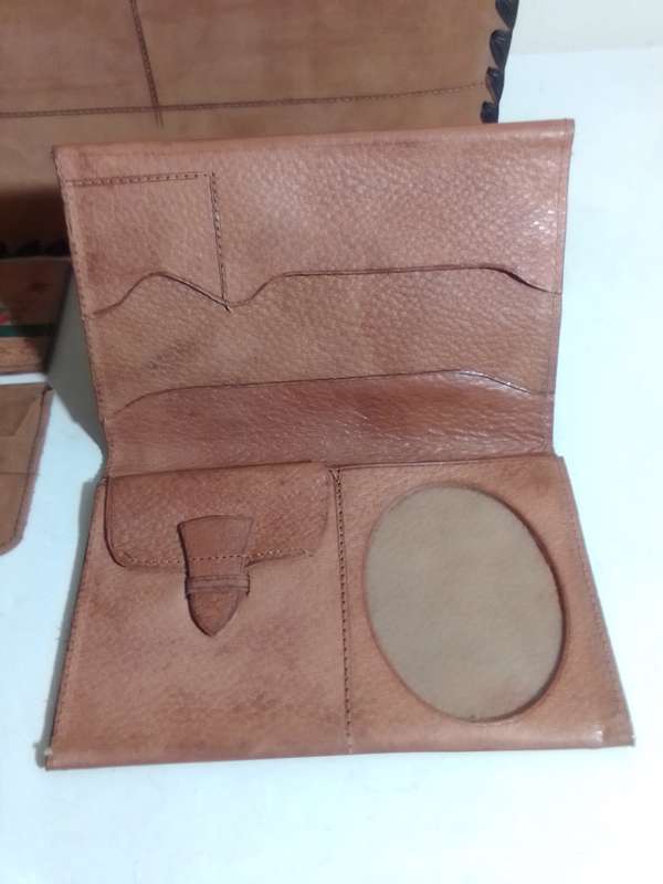 Egyptian Leather Handbag & Wallet plus 2 small purses, hand tooled Camel leather circa 1950's