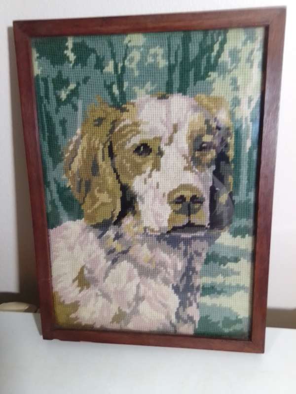 Framed Picture of Beagle dog tapestry under glass.