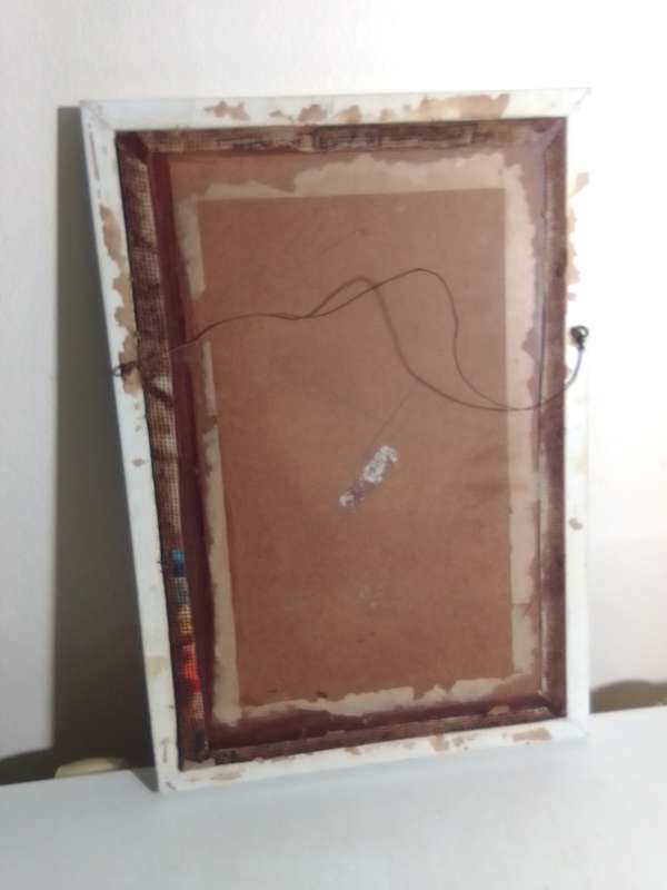 Great Needlepoint Tapestry Picture the Old Man smoking by fireside in a old Kitchen under glass.