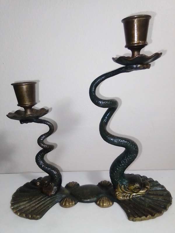 Koi Fish on shell heavy brass double candlestick with green enamel etched shafts. Vintage from 1970s