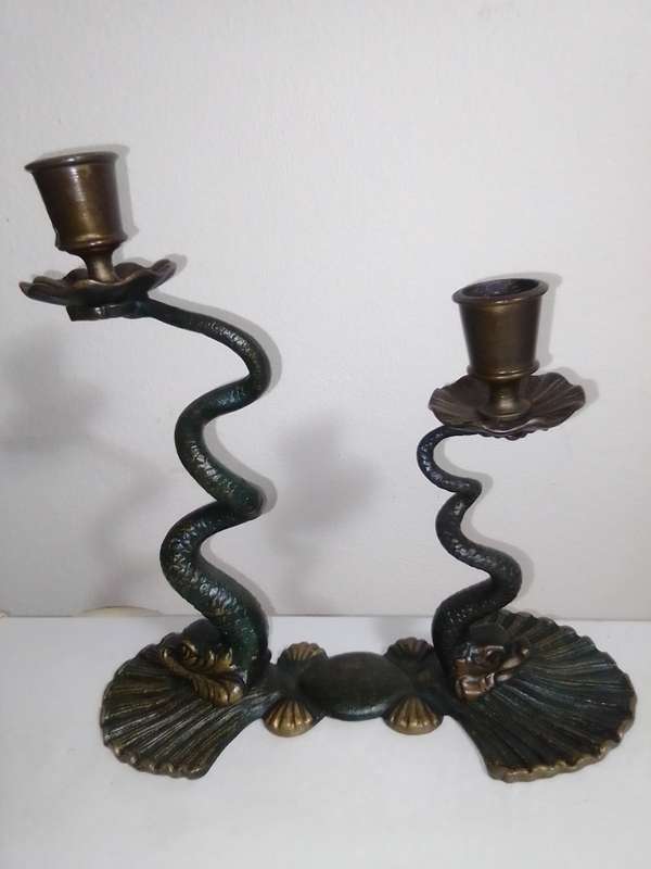 Koi Fish on shell heavy brass double candlestick with green enamel etched shafts. Vintage from 1970s