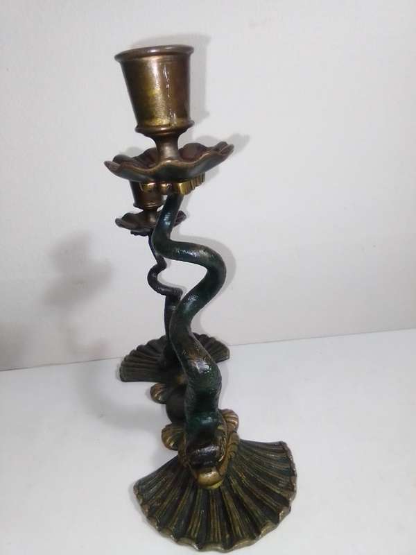 Koi Fish on shell heavy brass double candlestick with green enamel etched shafts. Vintage from 1970s