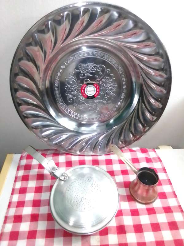 Vintage serving bowl, Aluninium Ash/Chestnut server, Copper with brass handle Milk wormer