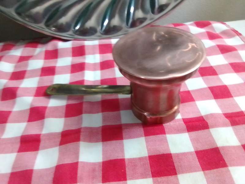 Vintage serving bowl, Aluninium Ash/Chestnut server, Copper with brass handle Milk wormer