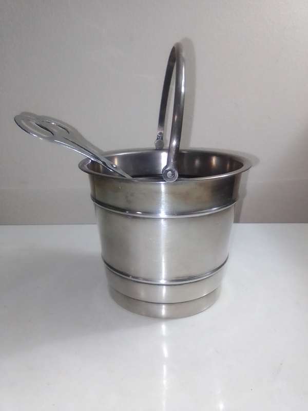 EMESS silver plate Ice bucket with Tong's and drip plate and Elweco Mft handled serving dish.