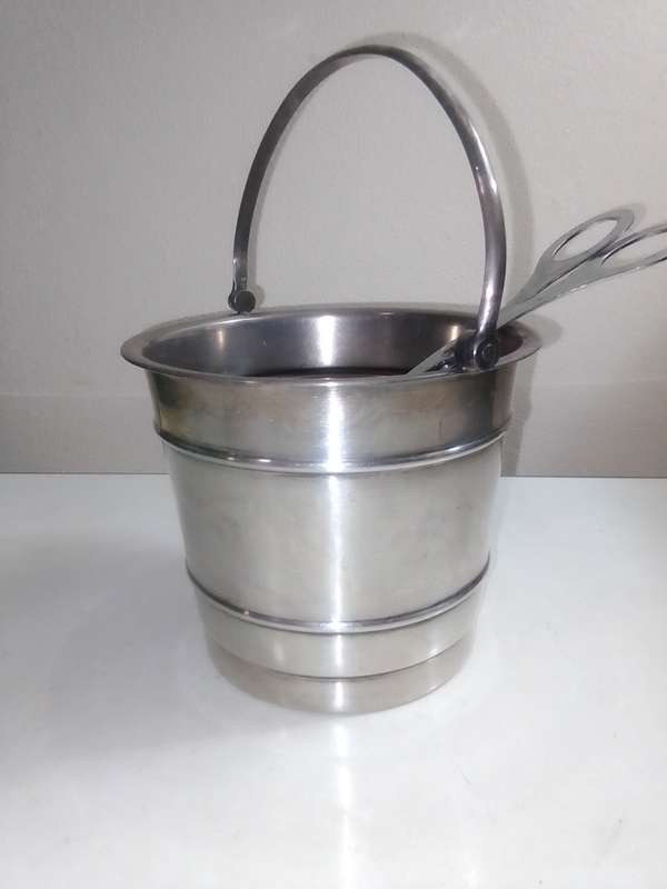 EMESS silver plate Ice bucket with Tong's and drip plate and Elweco Mft handled serving dish.