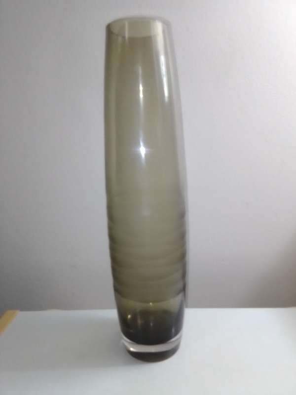 Tall vintage smoke Gray glass vase, retro mod Scandinavian modern.