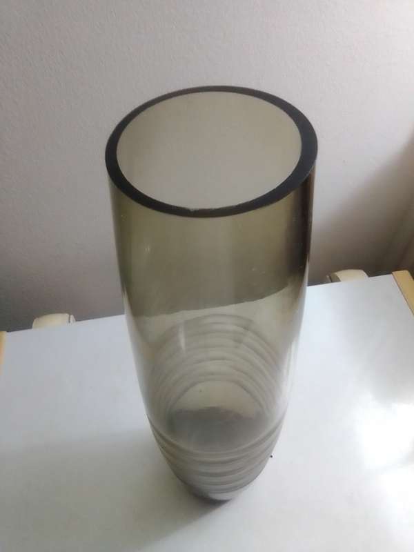 Tall vintage smoke Gray glass vase, retro mod Scandinavian modern.