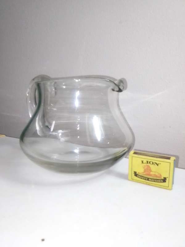 Vintage large glass Water jug, Clear Glass Flared Rim Footed Pitcher.