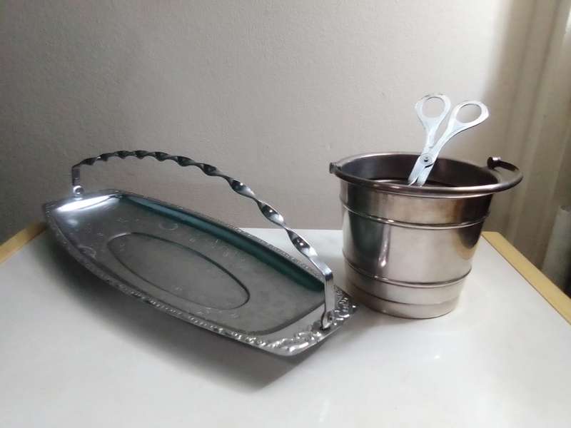 EMESS silver plate Ice bucket with Tong's and drip plate and Elweco Mft handled serving dish.