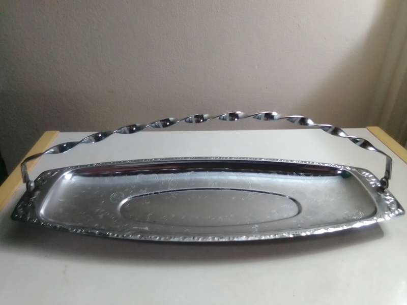 EMESS silver plate Ice bucket with Tong's and drip plate and Elweco Mft handled serving dish.