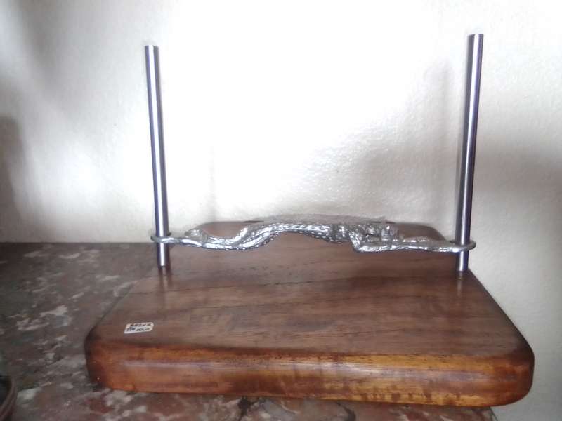 Cheetah in Diana Carmichael style Serviette holder in Wood and S/Steel poles, "Pure Zin" Stamped.