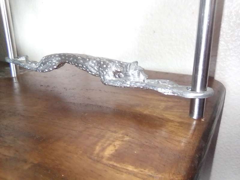 Cheetah in Diana Carmichael style Serviette holder in Wood and S/Steel poles, "Pure Zin" Stamped.