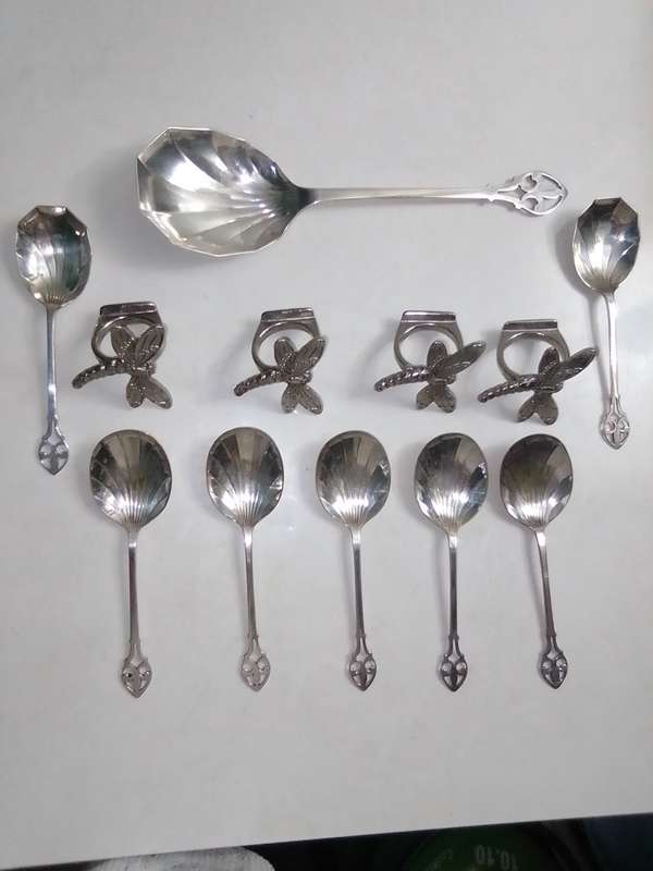 8 Grape fruit spoon set and 4 butterfly napkin rings
