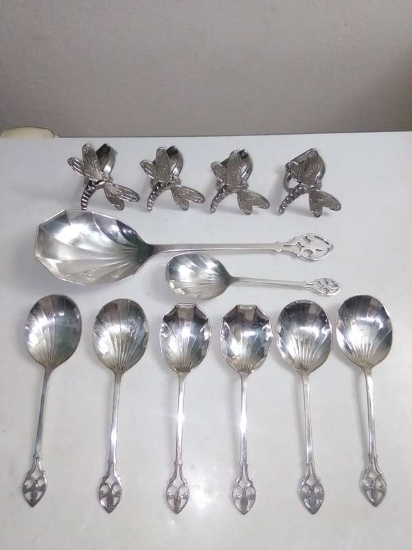 8 Grape fruit spoon set and 4 butterfly napkin rings