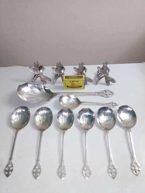 8 Grape fruit spoon set and 4 butterfly napkin rings