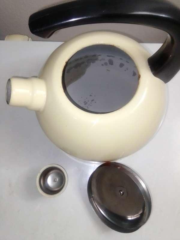 Fancy stove top whistling Kettle cream enamel with patons.