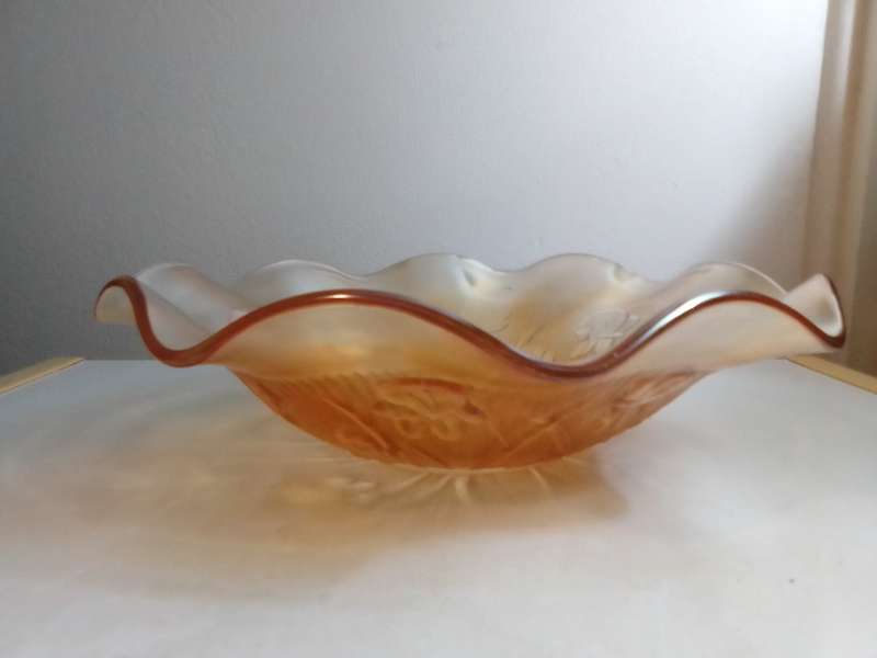 1960 Jeannette Iris Iridescent Carnival Glass Salad Bowl Ruffled Edge 295mm Across.