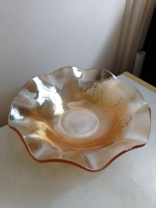 1960 Jeannette Iris Iridescent Carnival Glass Salad Bowl Ruffled Edge 295mm Across.