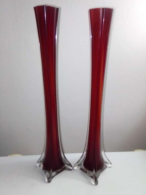 2 x long stemmed Red with white inner pencil Vases 40cm tall.