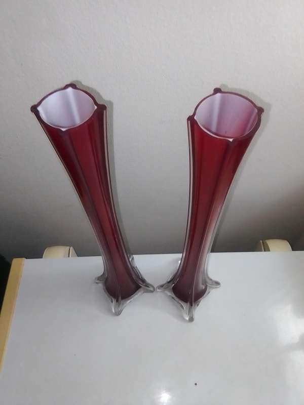 2 x long stemmed Red with white inner pencil Vases 40cm tall.