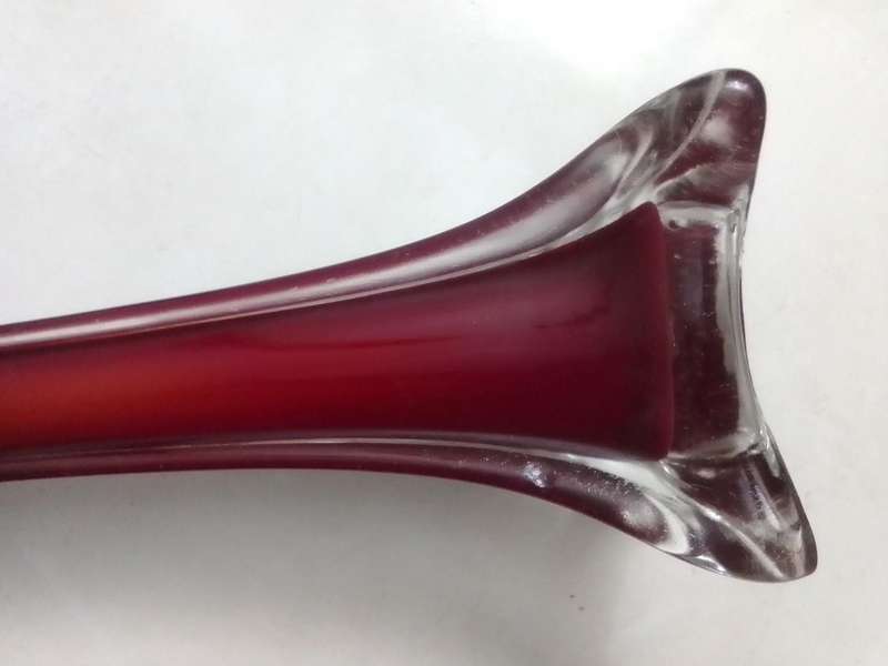 2 x long stemmed Red with white inner pencil Vases 40cm tall.