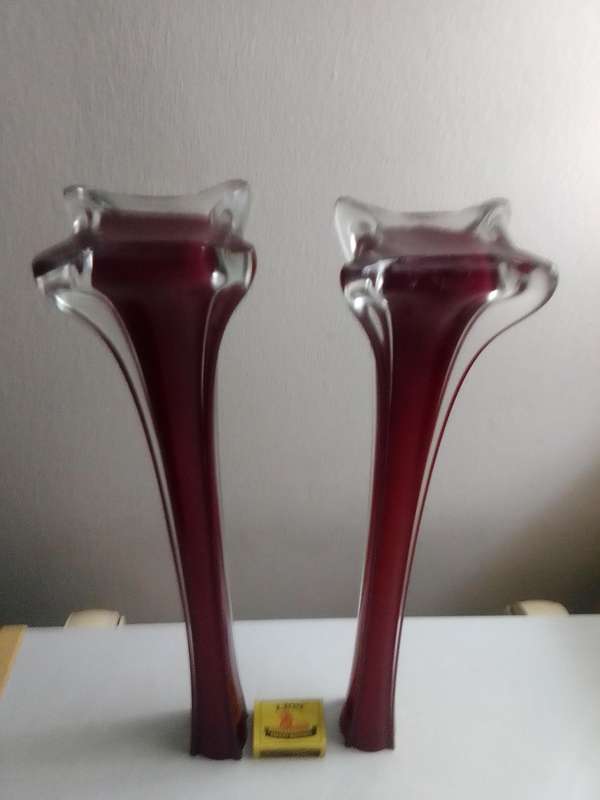 2 x long stemmed Red with white inner pencil Vases 40cm tall.