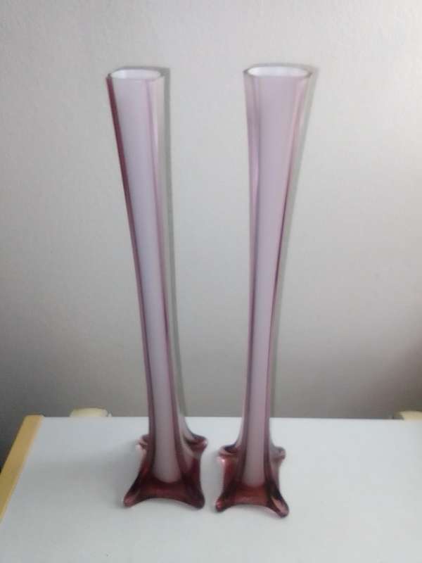 2 x long stemmed Pink with white inner pencil Vases 40cm tall.