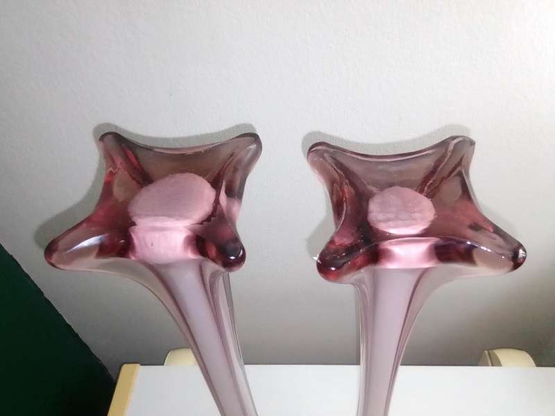 2 x long stemmed Pink with white inner pencil Vases 40cm tall.
