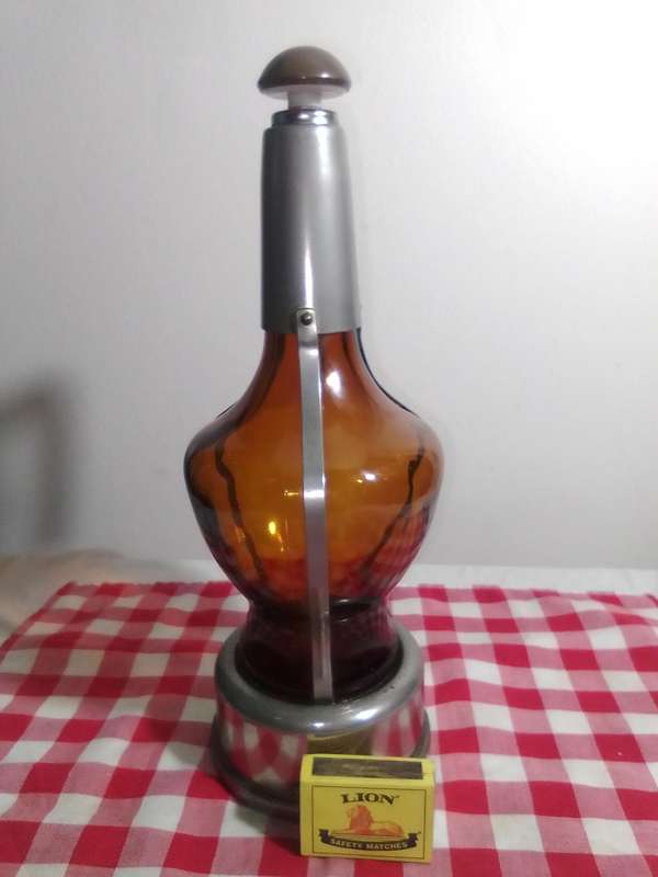 Vintage Musical Art Deco Glass Brass Decanter Liquor Bottle Plays the tune Little Brown Jug