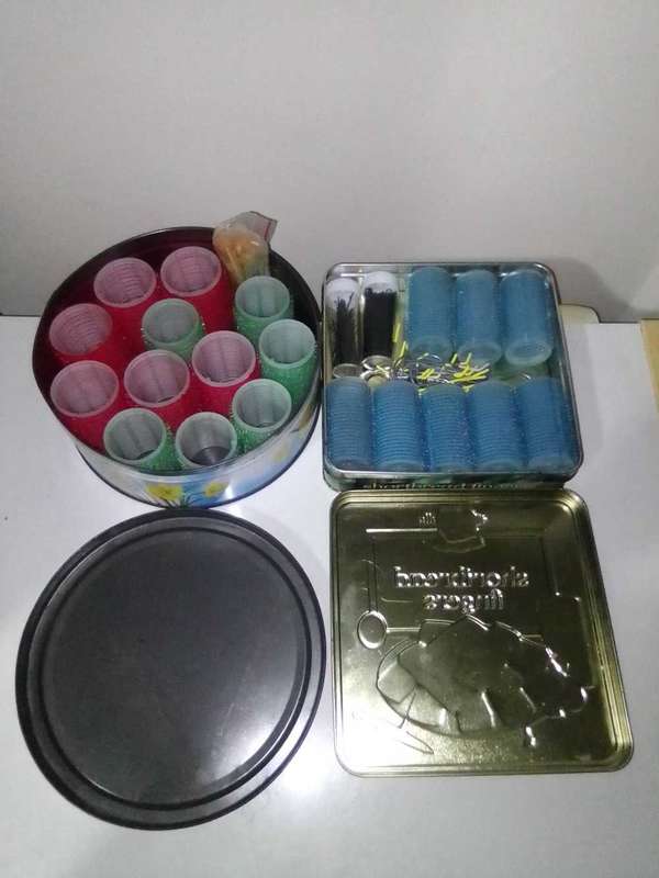 Vintage Hair Curlers and pins in 2 Cake  tins