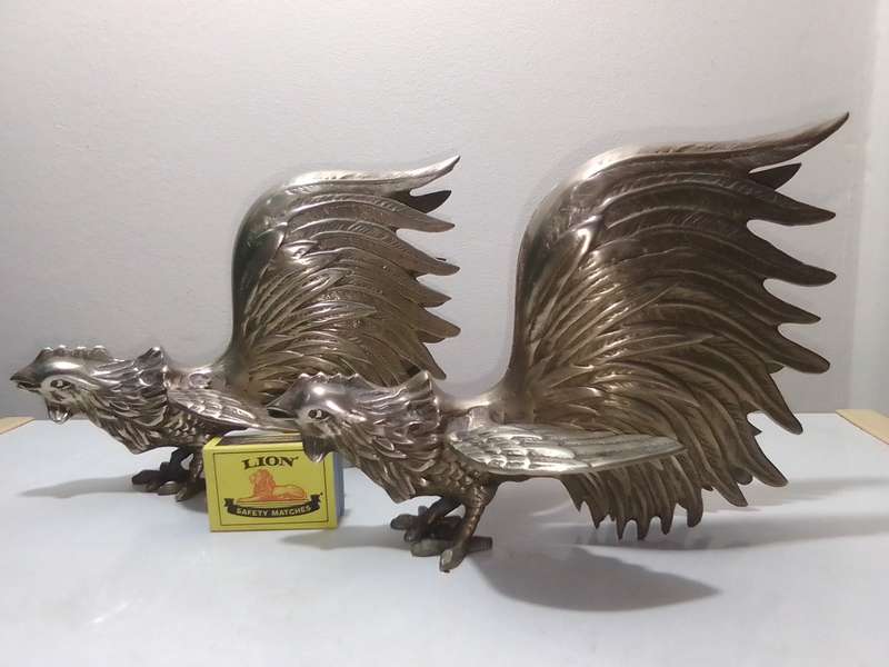 1950's Large Vintage pair of brass fighting roosters. This pair is fierce! Solid heavy cast Brass.
