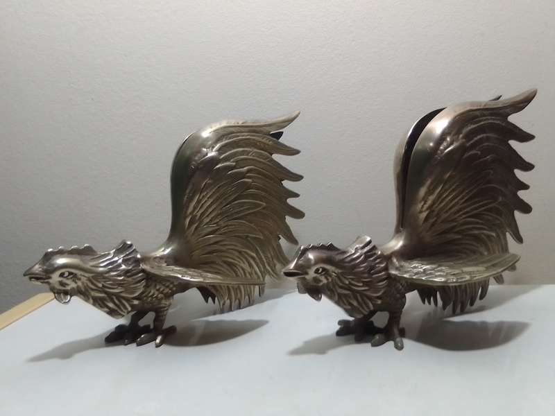 1950's Large Vintage pair of brass fighting roosters. This pair is fierce! Solid heavy cast Brass.
