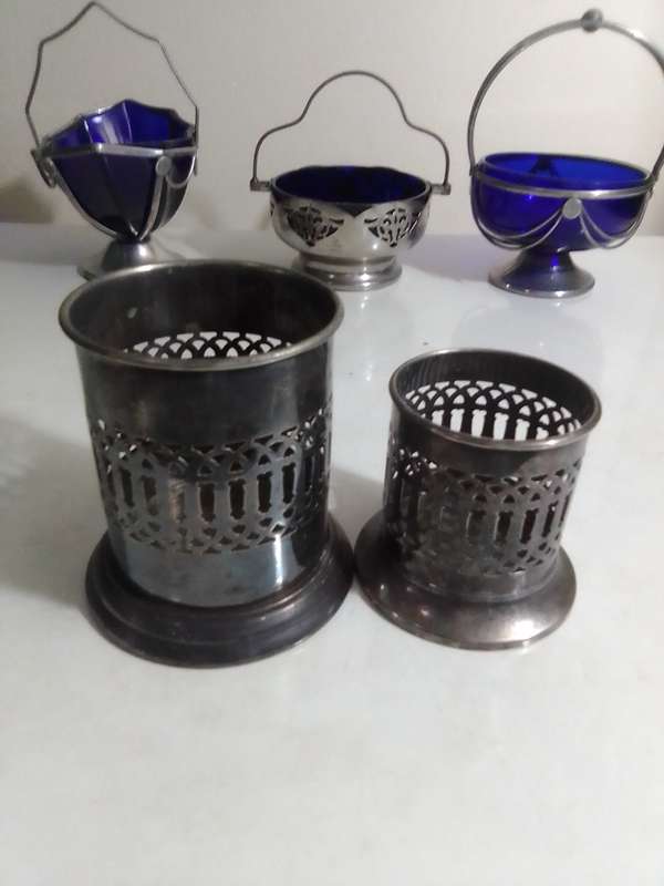 3 Cobalt Blue Glass Inners Trinket dish`s. 2 Celtic Plate with Solid and Swing Handles.