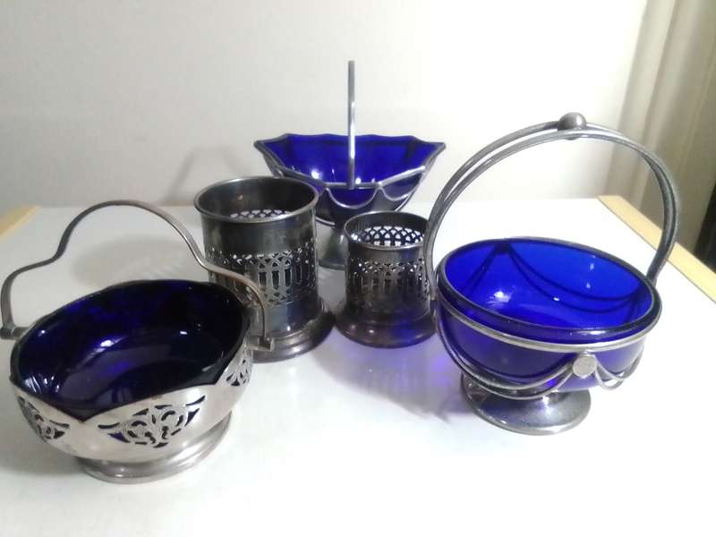 3 Cobalt Blue Glass Inners Trinket dish`s. 2 Celtic Plate with Solid and Swing Handles.