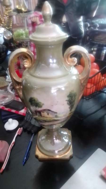 Antique 1900's French Style Art Nouveau Vase Ornate 10k Gold Gilded Lidded two handles with Patina.