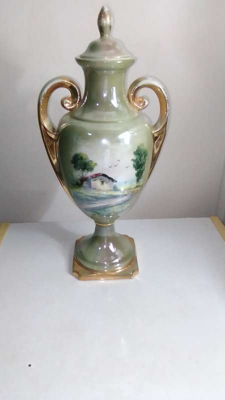 Antique 1900's French Style Art Nouveau Vase Ornate 10k Gold Gilded Lidded two handles with Patina.