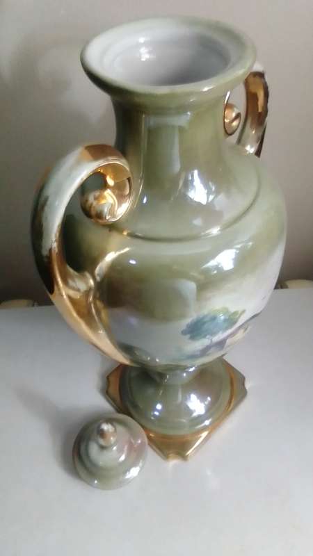 Antique 1900's French Style Art Nouveau Vase Ornate 10k Gold Gilded Lidded two handles with Patina.