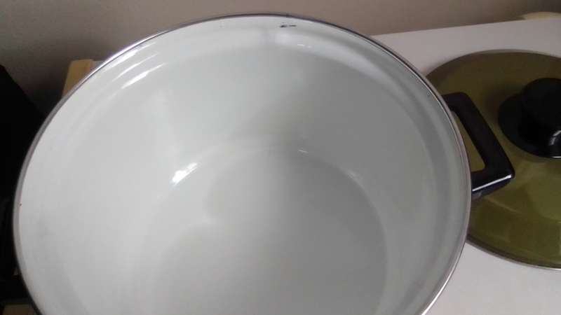 Vintage green lid veggies motif enamel cooking pot with heavy duty base.