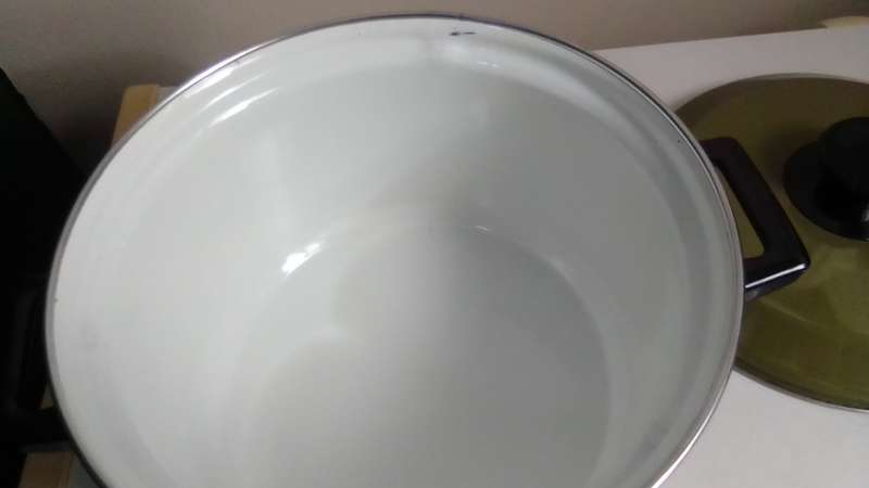 Vintage green lid veggies motif enamel cooking pot with heavy duty base.