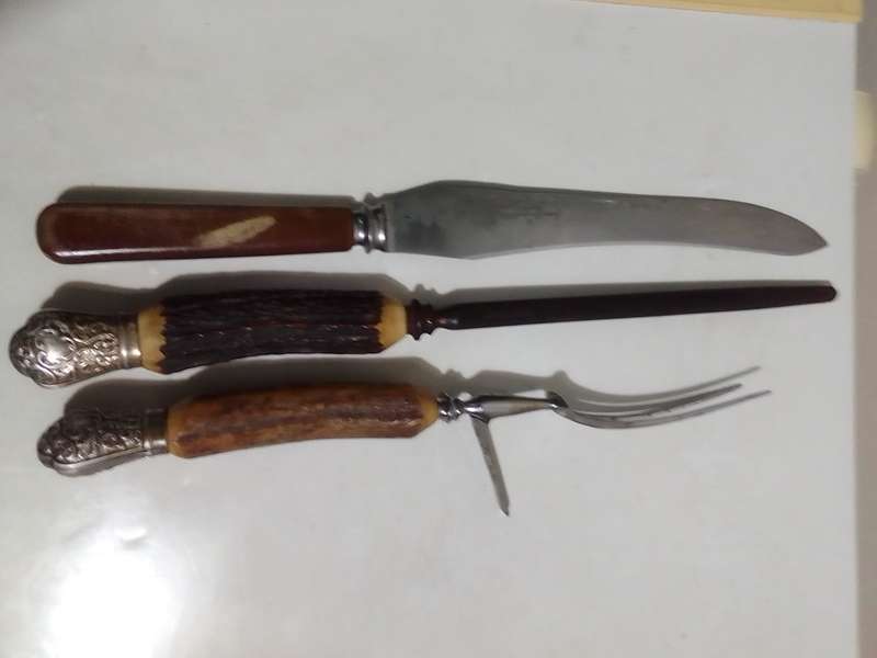 Antique James Deakin & sons Sheffield Carving knife & fork with steel EPNS collars Elk horn handles