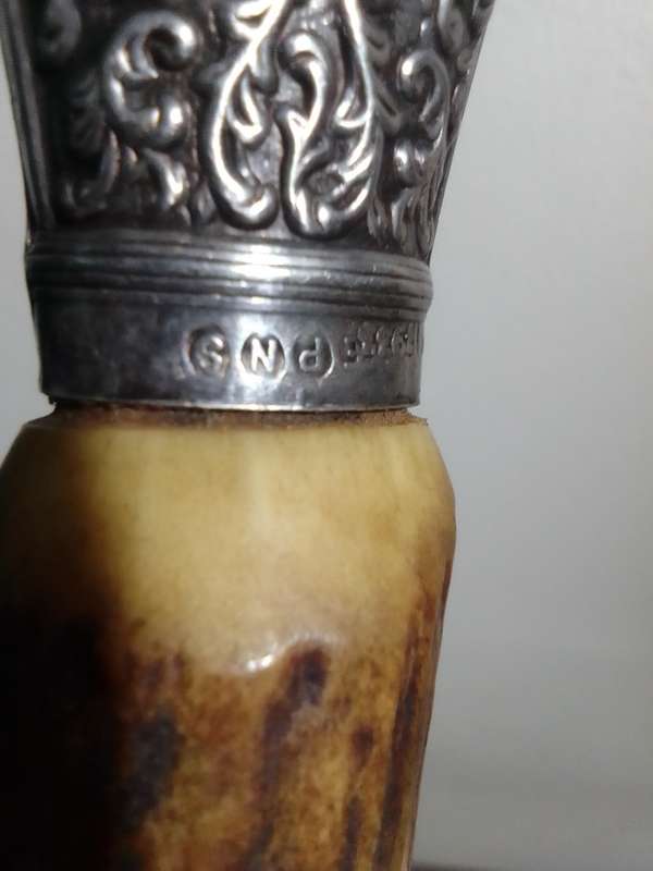 Antique James Deakin & sons Sheffield Carving knife & fork with steel EPNS collars Elk horn handles