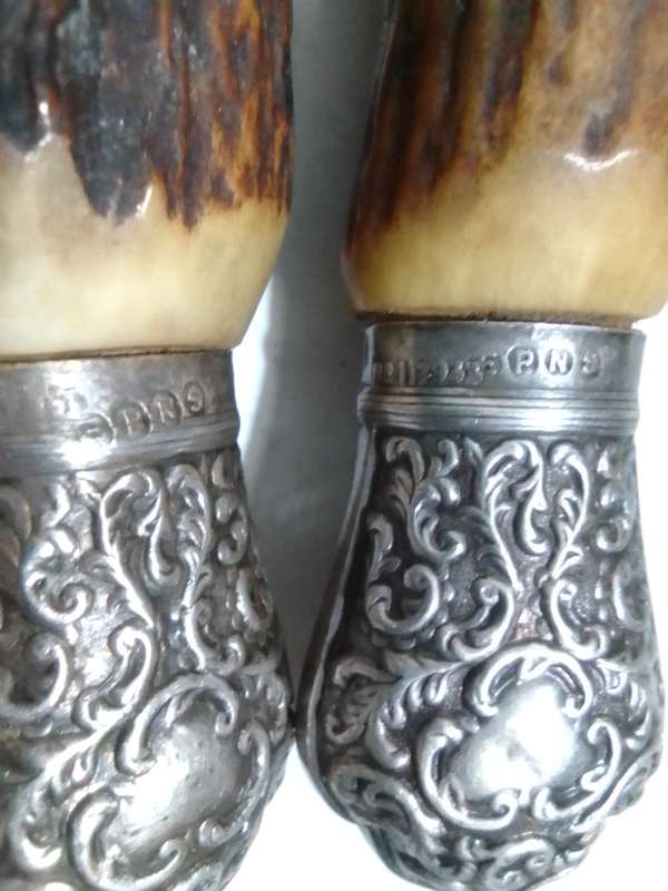 Antique James Deakin & sons Sheffield Carving knife & fork with steel EPNS collars Elk horn handles