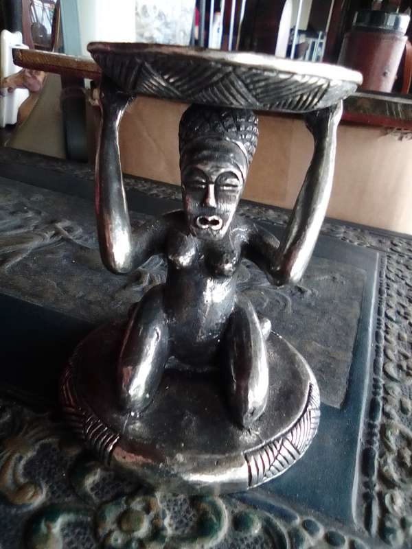 A Large Zulu madden solid and heavy pewter incense burner stand.