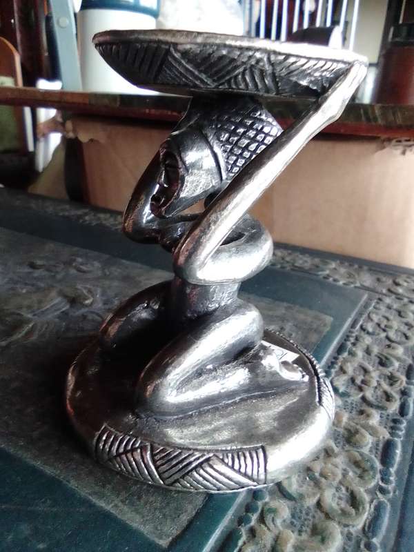 A Large Zulu madden solid and heavy pewter incense burner stand.