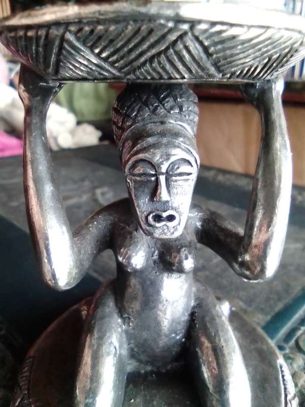 A Large Zulu madden solid and heavy pewter incense burner stand.
