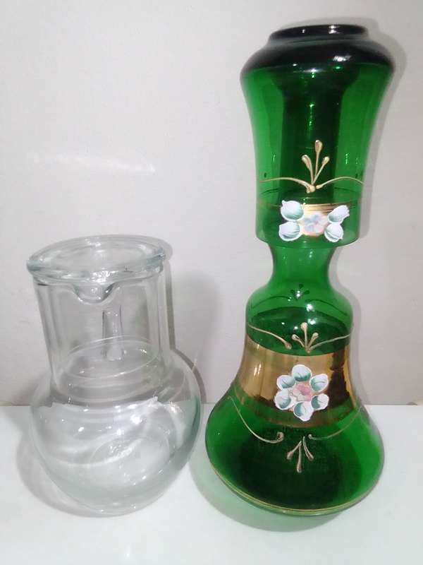 Wow Venetian made in Italy a green hand blowen Carafe's night stand bottles & matching glass.