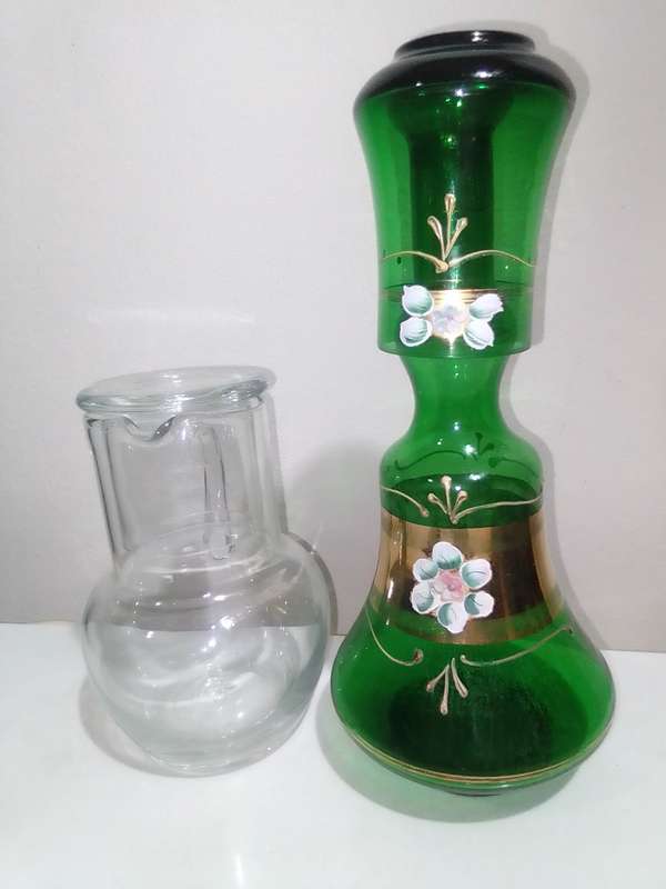 Wow Venetian made in Italy a green hand blowen Carafe's night stand bottles & matching glass.