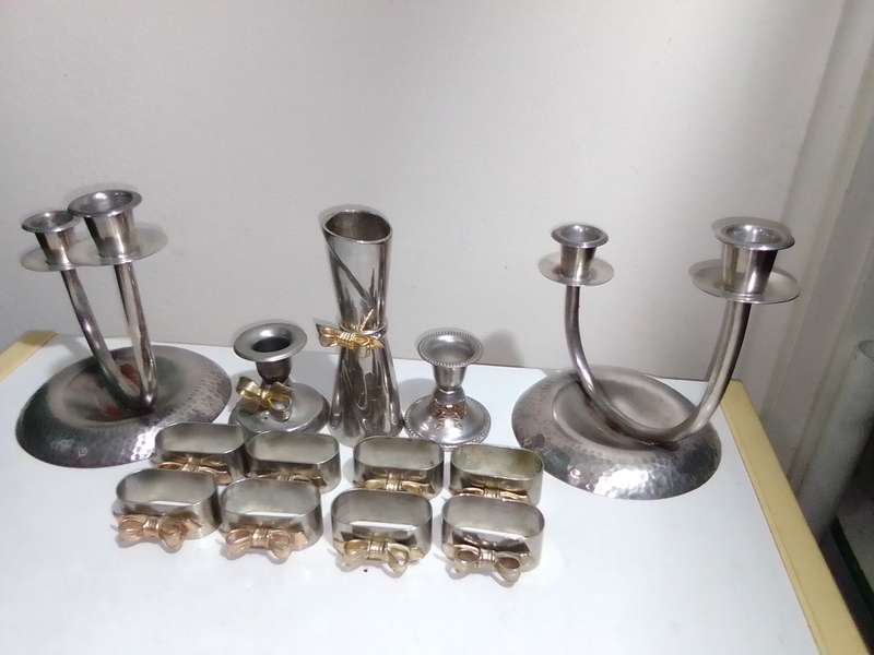 All you need for Dinner table. A1 plate SPC. Candlesticks Marked M.P., Vases, Bowtie Napkin rings.
